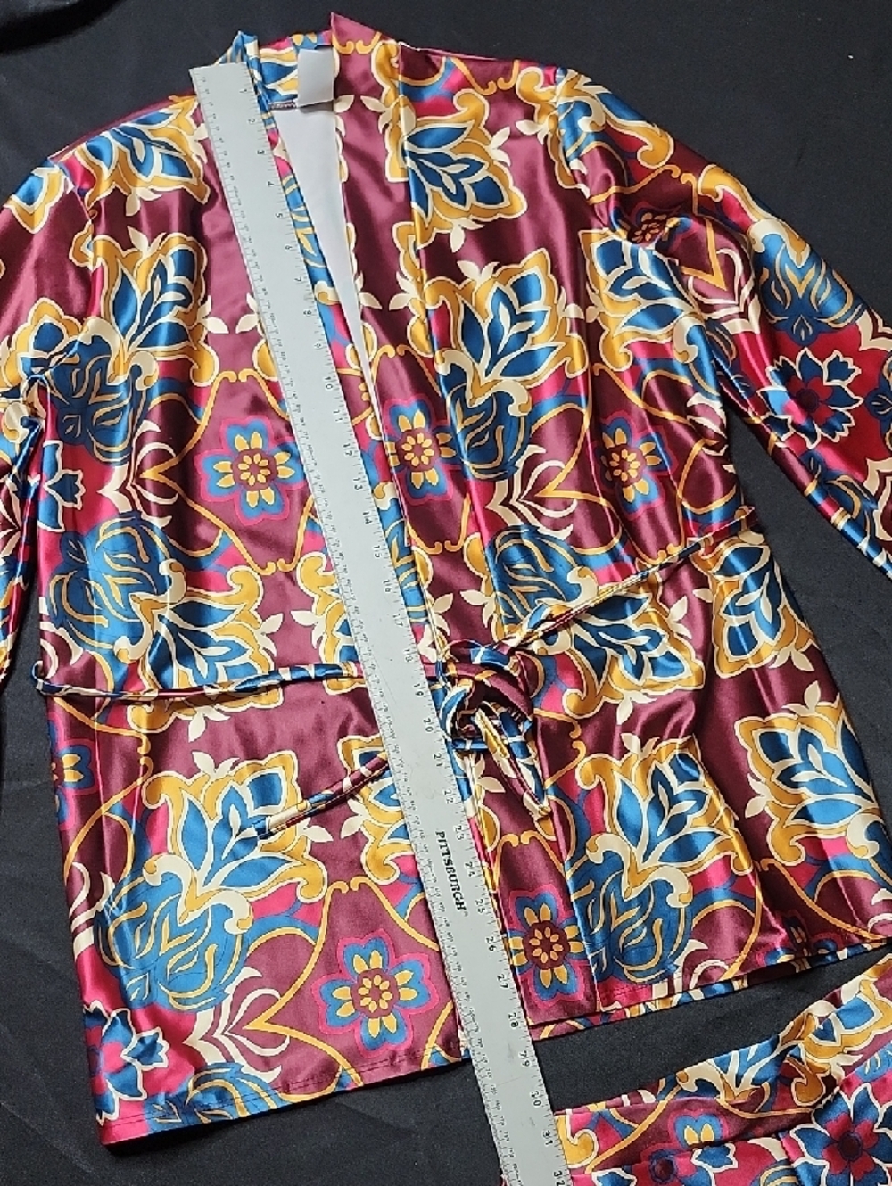 UpTown Women's Burgundy Floral Satin Short Set with Drawstring Waist - Picture 4 of 10